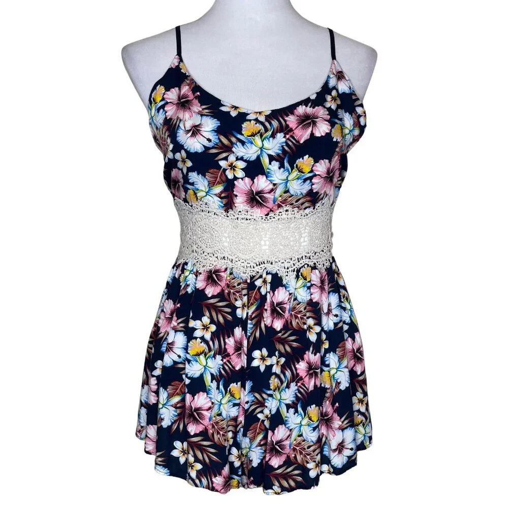 MAZE Tropical Floral Romper Lace Waist XL Navy Blue